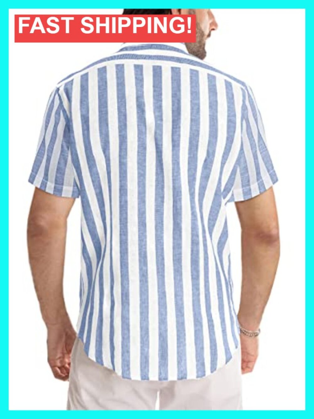Casual Short Sleeve Button-Up Striped Dress Shirt Cotton Blend Beach Shirt - Picture 3 of 6